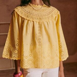 Sézane Celestia Eyelet Blouse in Yellow Size 36/US 4 NWOT